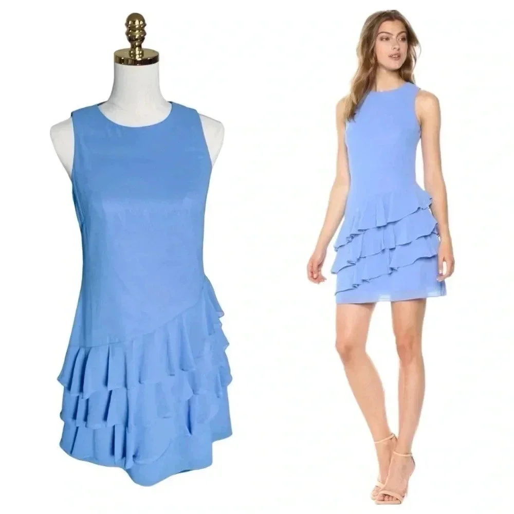 VINCE CAMUTO |Women's Sky Blue Sheer Asymmetric Ruffle Shift Mini Dress Size 2 - Picture 2 of 11